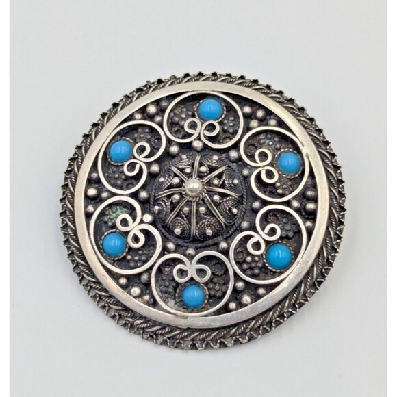 935 Sterling Silver Turquoise Jerusalem Israel Etruscan Revival Brooch Pendant - Picture 1 of 16